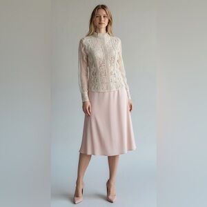 Vintage Lace Mock Neck Blush Pink Blouse‎ Sheer Long Sleeve Top Size Small